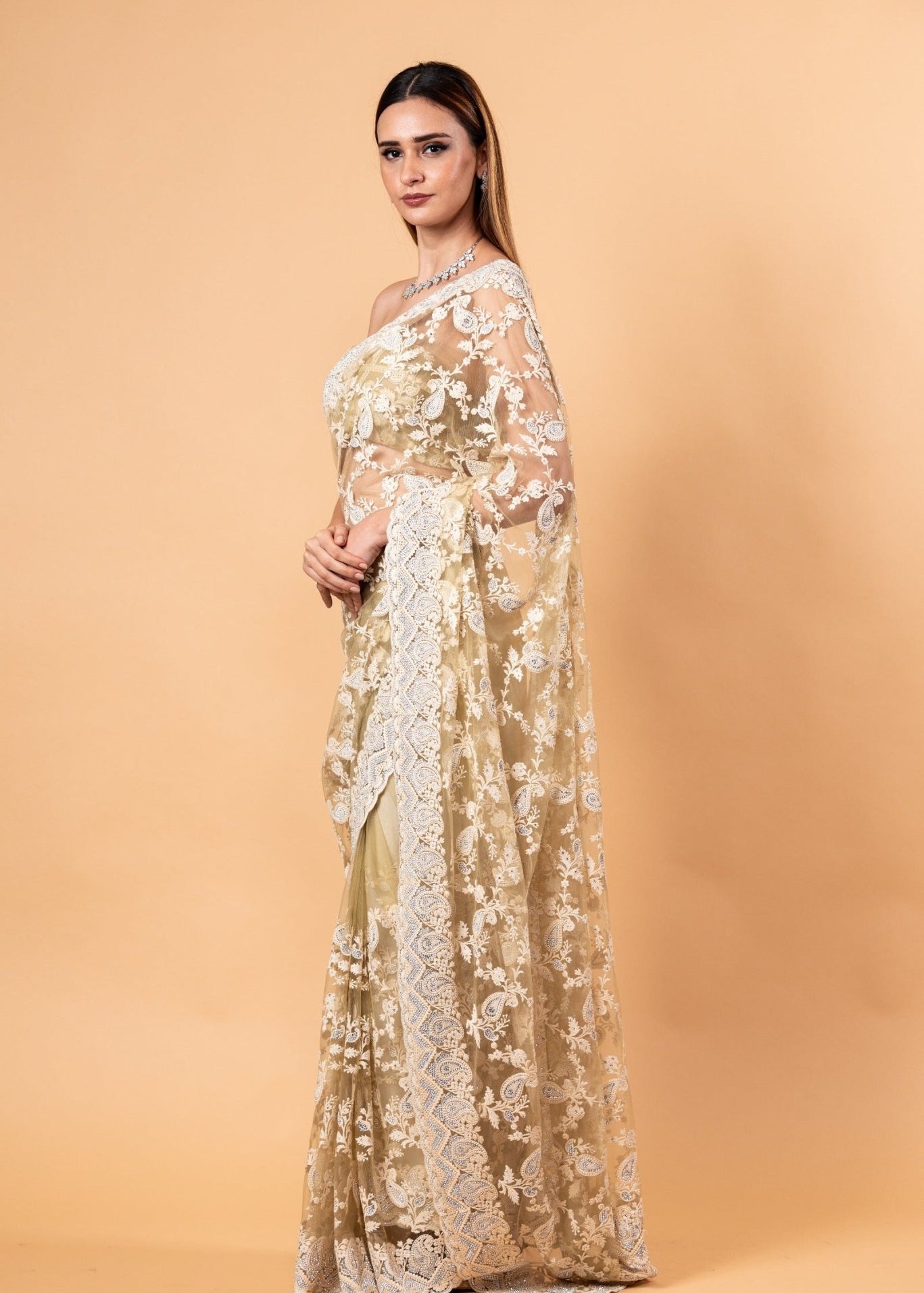 Light Mint Green Net Saree with all over Stone and embroidery work and Unstitched Blouse - Anvi Couture