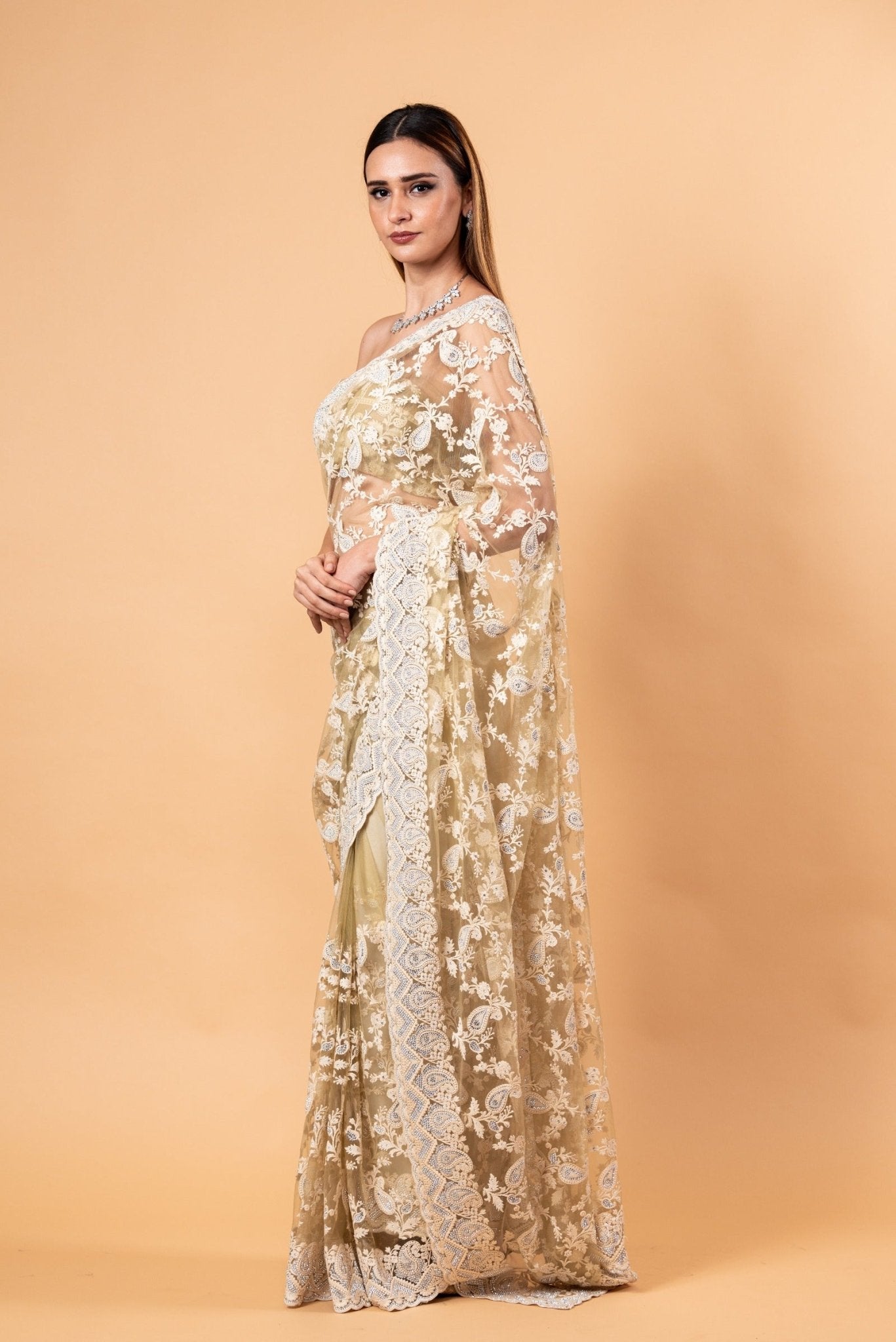 Light Mint Green Net Saree with all over Stone and embroidery work and Unstitched Blouse - Anvi Couture