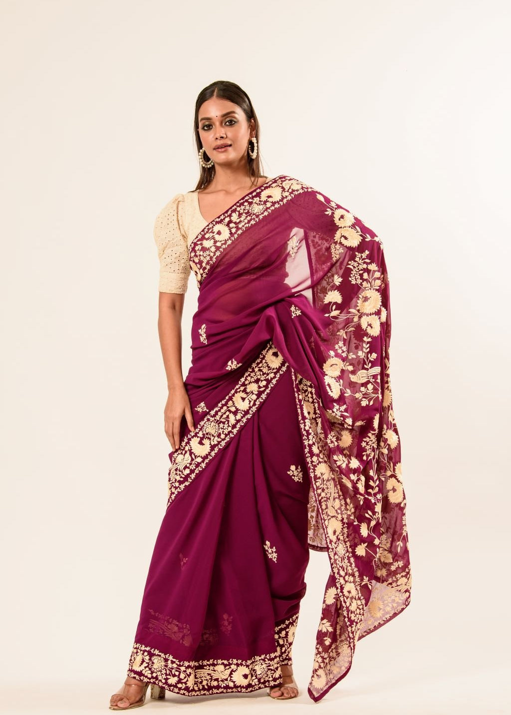 Maroon Parsi Gara Saree in Georgette with an Embellished Hand Embroidered Work - Image 2