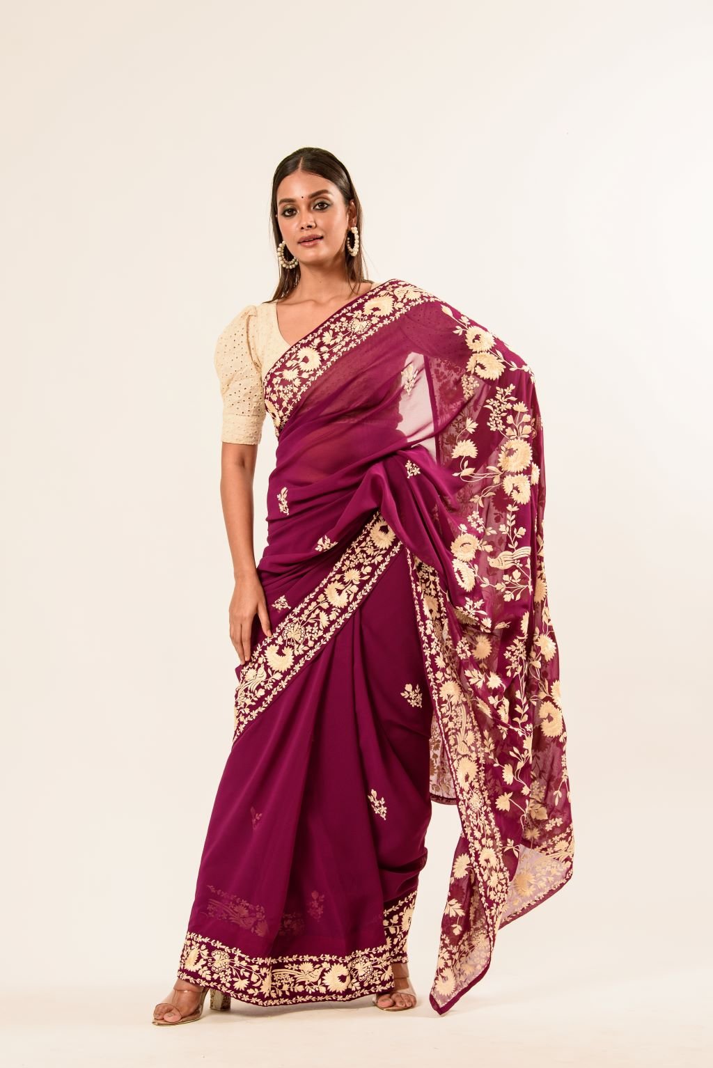 Maroon Parsi Gara Saree in Georgette with an Embellished Hand Embroidered Work - Anvi Couture