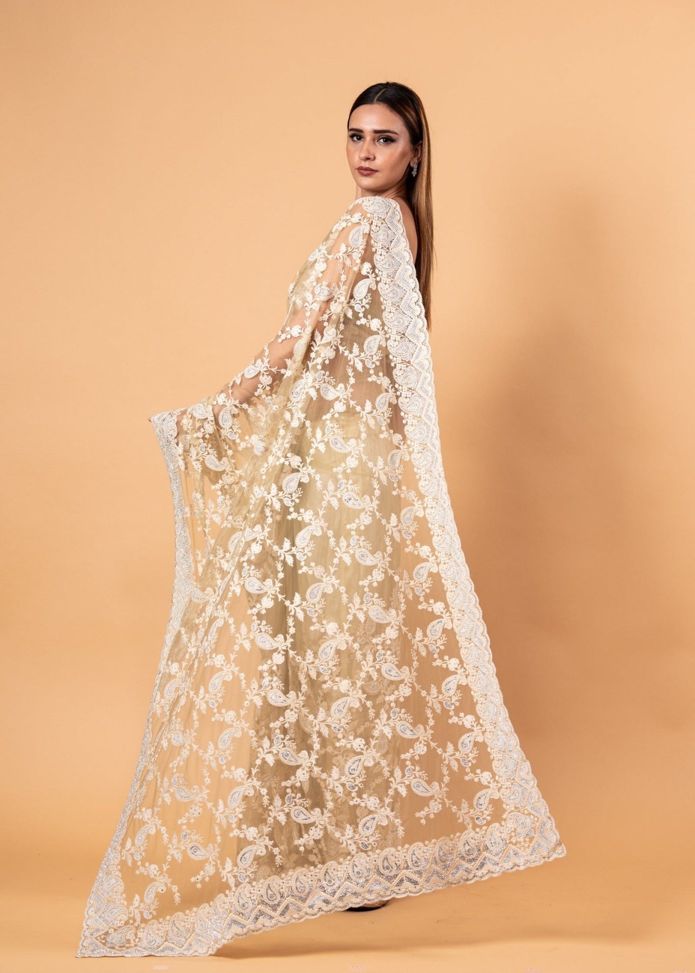 Light Mint Green Net Saree with All-Over Stonework - Image 4