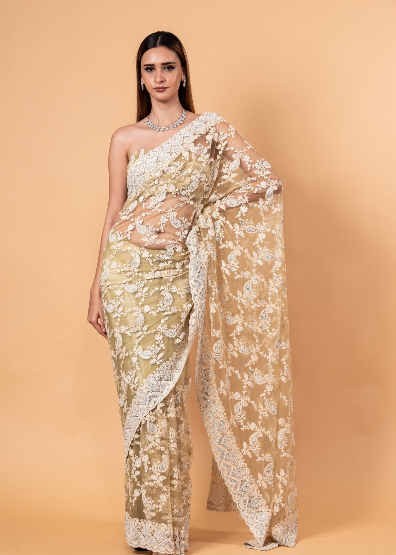 Light Mint Green Net Saree with All-Over Stonework - Image 1