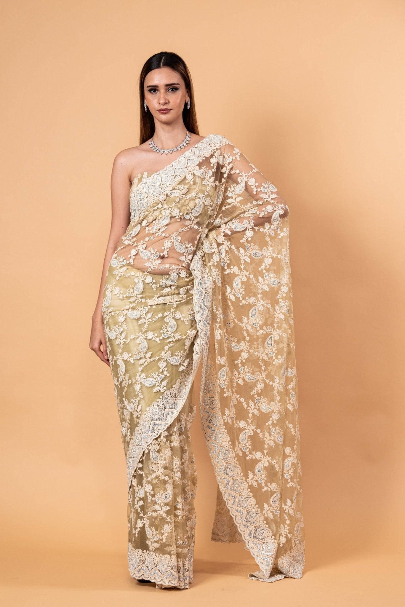 Light Mint Green Net Saree with all over Stone and embroidery work and Unstitched Blouse - Anvi Couture
