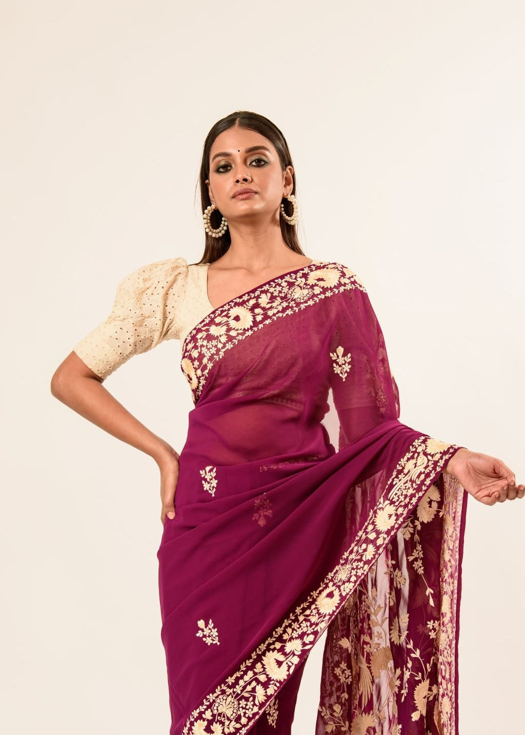 Maroon Parsi Gara Saree in Georgette with an Embellished Hand Embroidered Work - Image 3