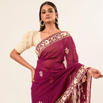 Maroon Parsi Gara Saree in Georgette with an Embellished Hand Embroidered Work - Anvi Couture