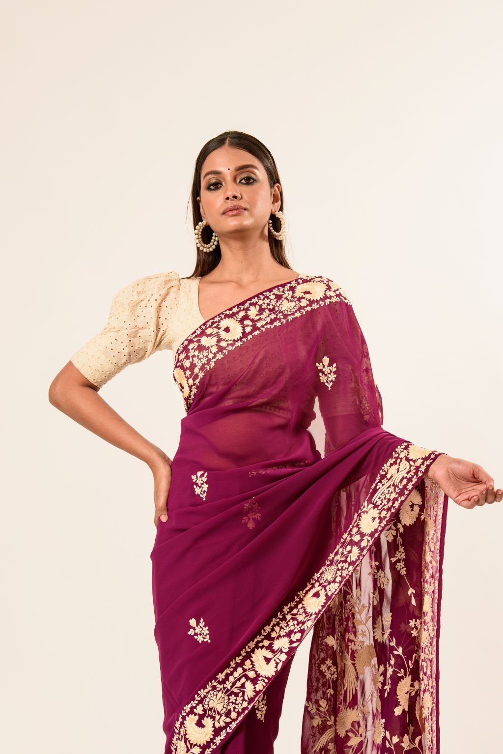 Maroon Parsi Gara Saree in Georgette with an Embellished Hand Embroidered Work - Anvi Couture