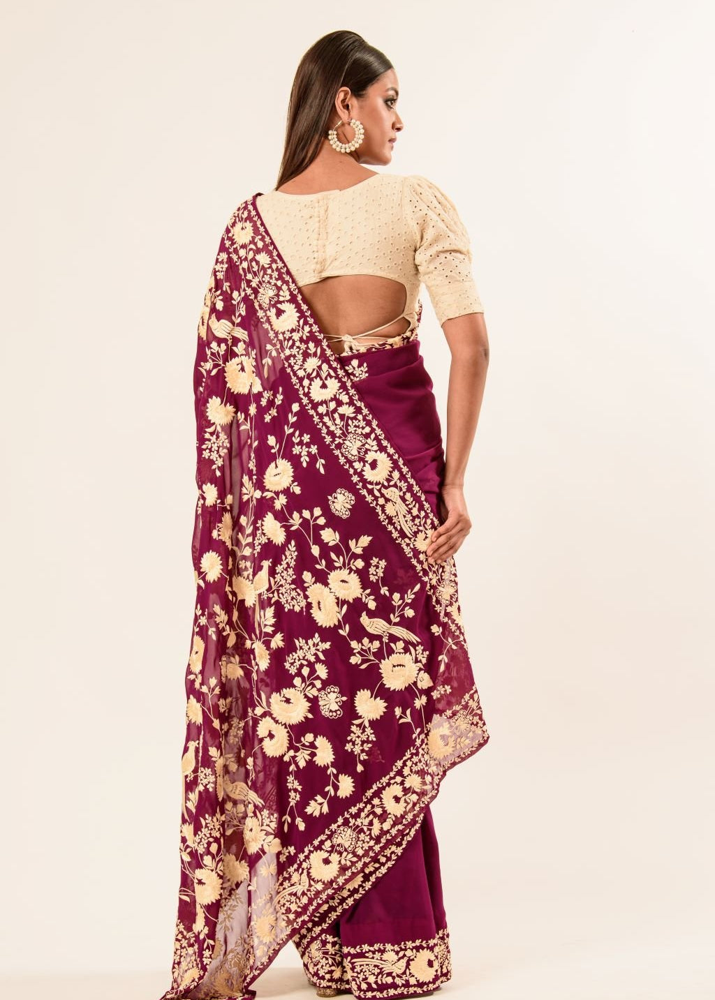 Maroon Parsi Gara Saree in Georgette with an Embellished Hand Embroidered Work - Image 4