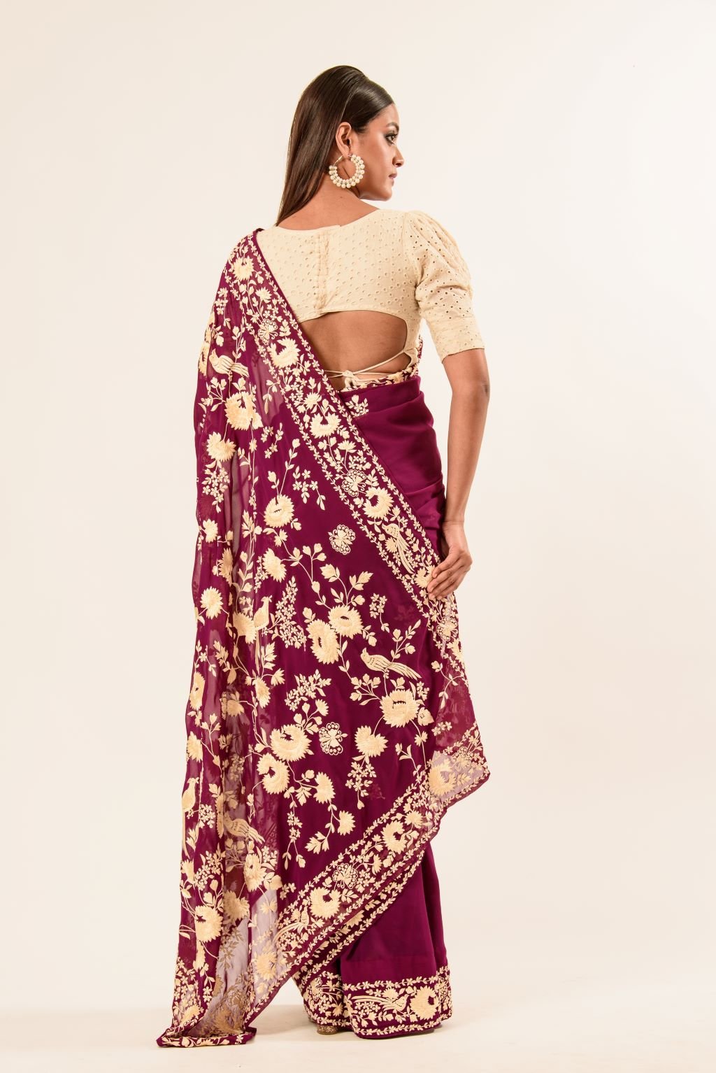 Maroon Parsi Gara Saree in Georgette with an Embellished Hand Embroidered Work - Anvi Couture