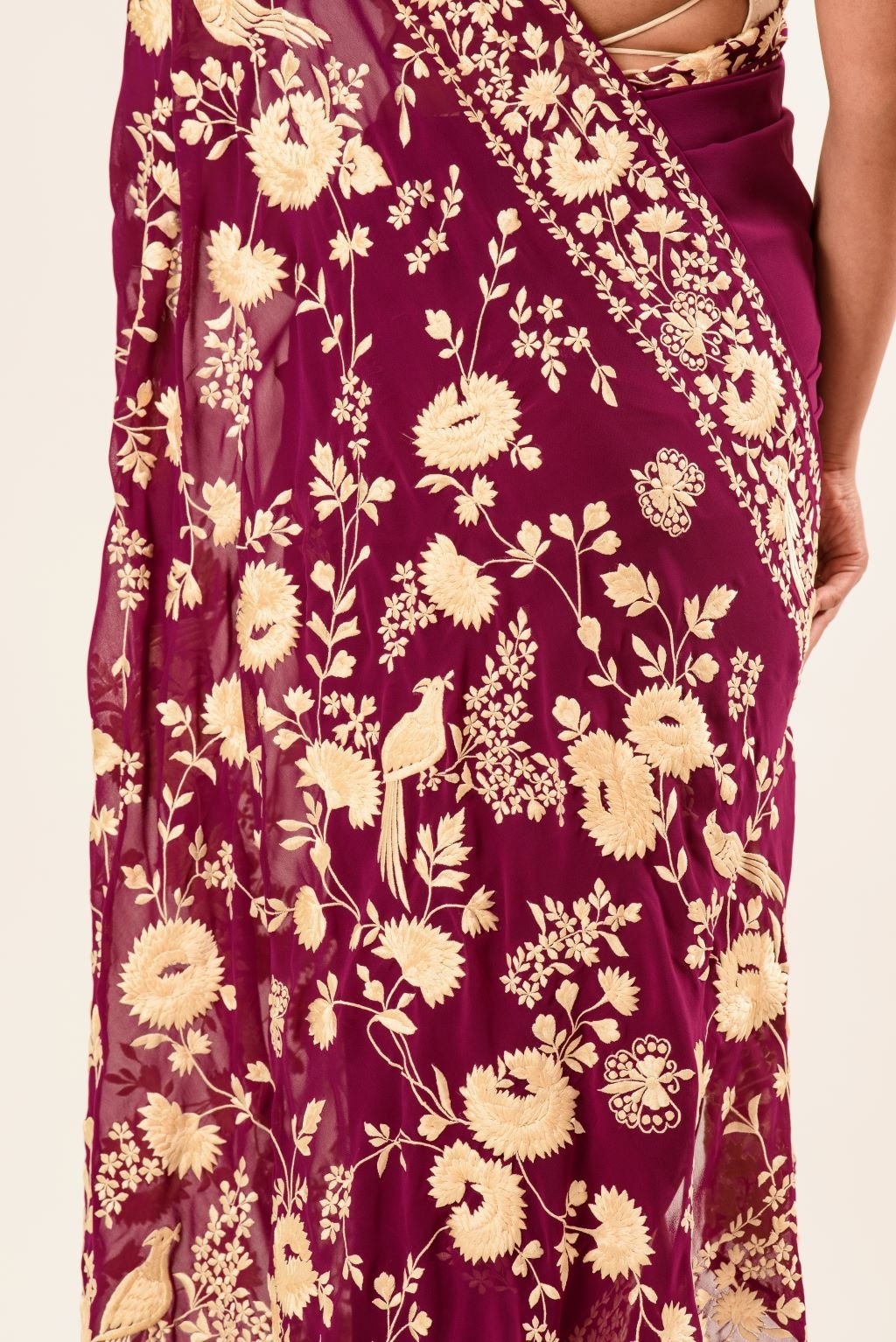 Maroon Parsi Gara Saree in Georgette with an Embellished Hand Embroidered Work - Anvi Couture