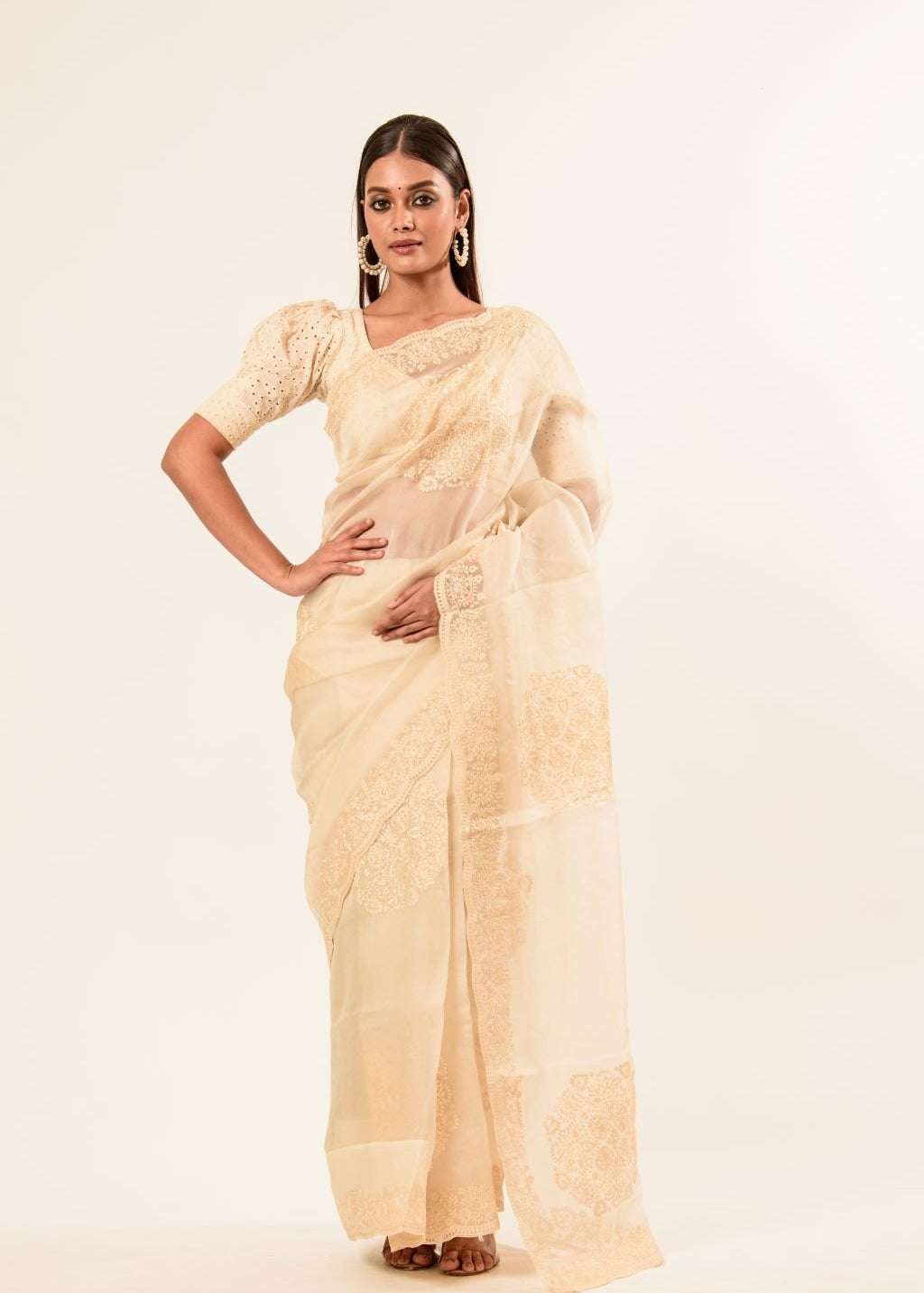 White Organza Saree with Floral Embroidered Work - Anvi Couture