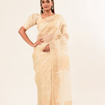 White Organza Saree with Floral Embroidered Work - Anvi Couture