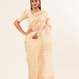 White Organza Saree with Floral Embroidered Work - Anvi Couture