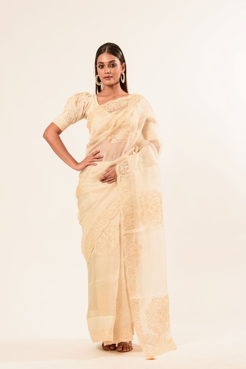 White Organza Saree with Floral Embroidered Work - Anvi Couture