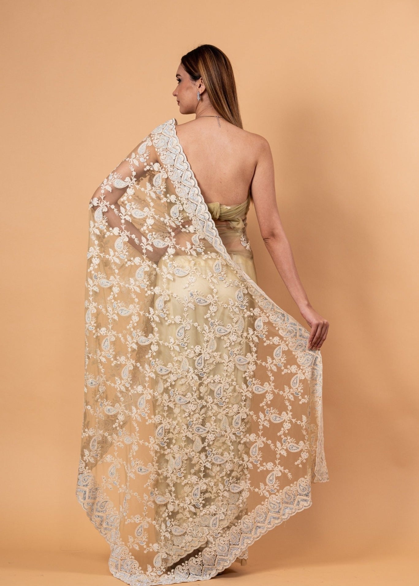 Light Mint Green Net Saree with All-Over Stonework - Image 5