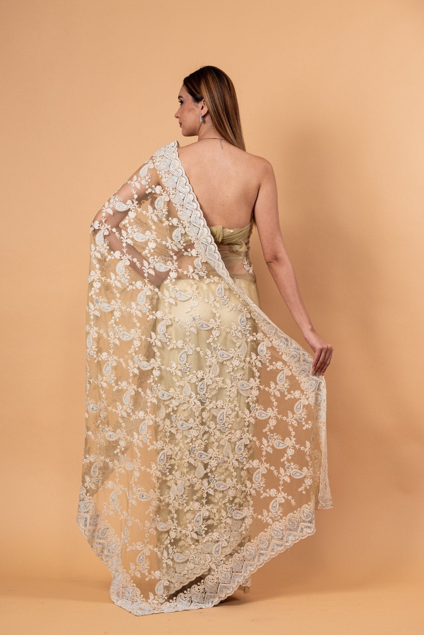 Light Mint Green Net Saree with all over Stone and embroidery work and Unstitched Blouse - Anvi Couture