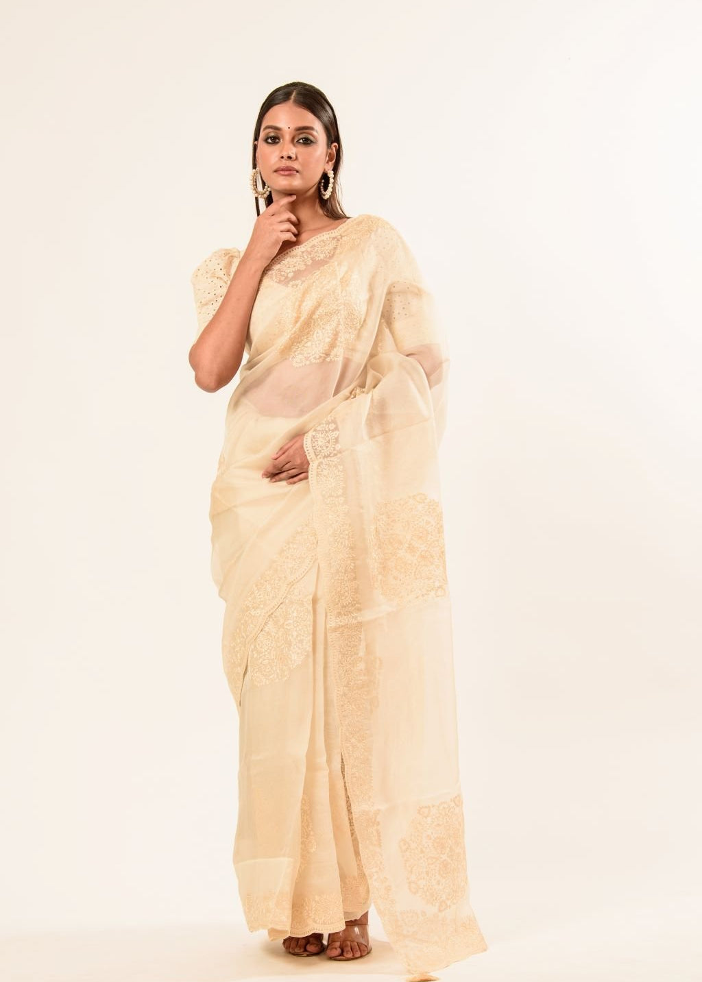 White Organza Saree with Floral Embroidered Work - Anvi Couture