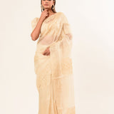 White Organza Saree with Floral Embroidered Work - Anvi Couture