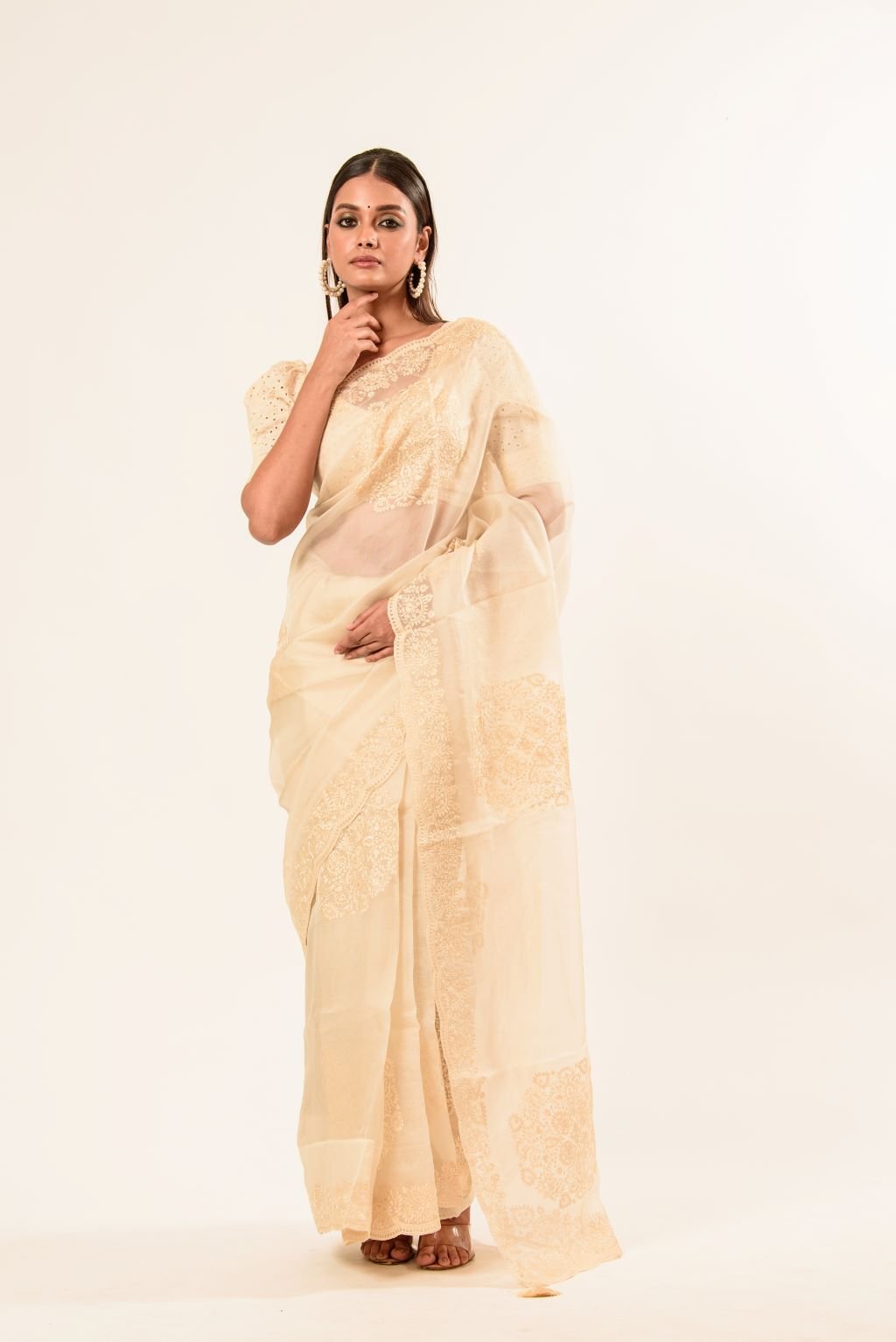 White Organza Saree with Floral Embroidered Work - Anvi Couture