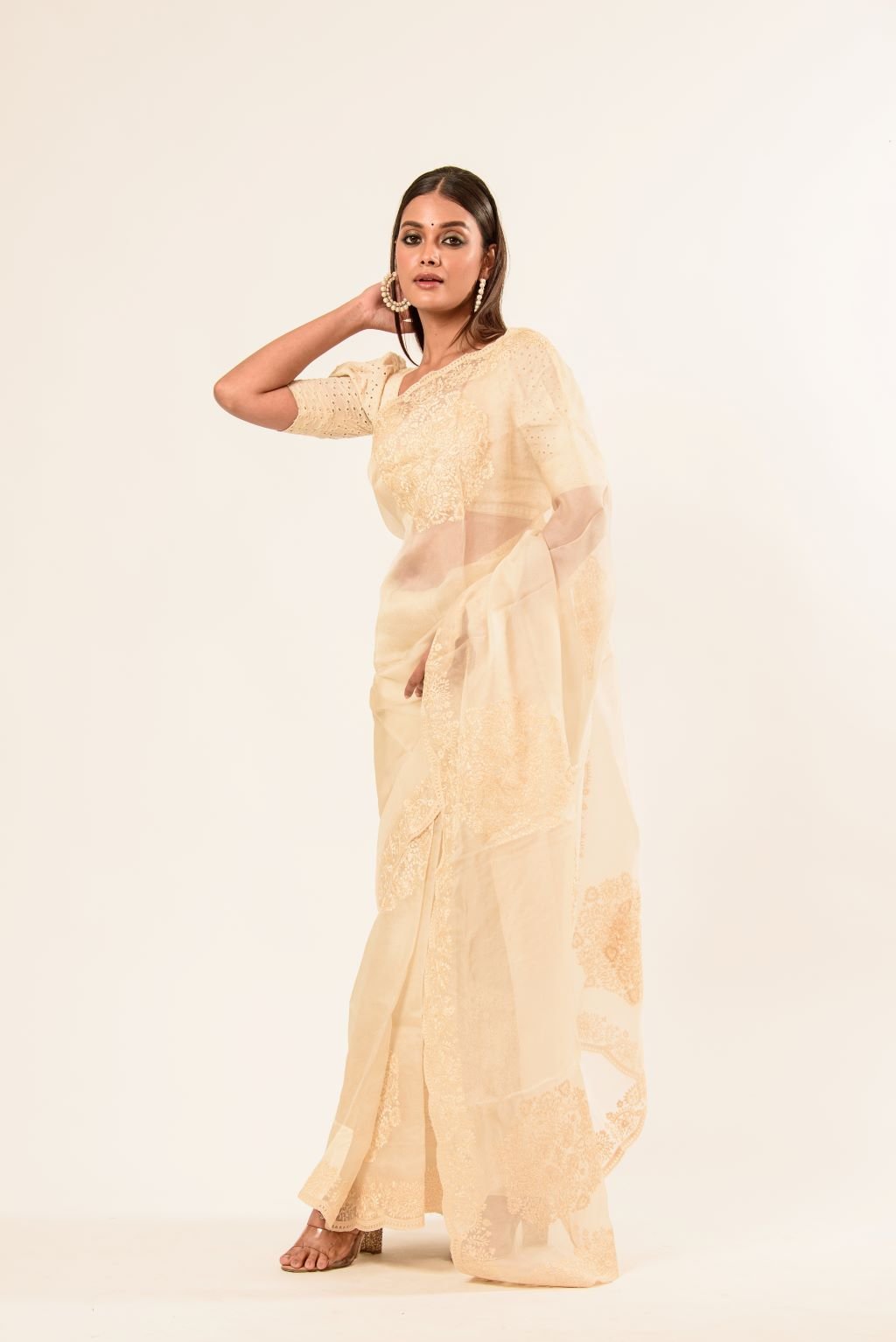 White Organza Saree with Floral Embroidered Work - Anvi Couture