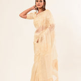 White Organza Saree with Floral Embroidered Work - Anvi Couture