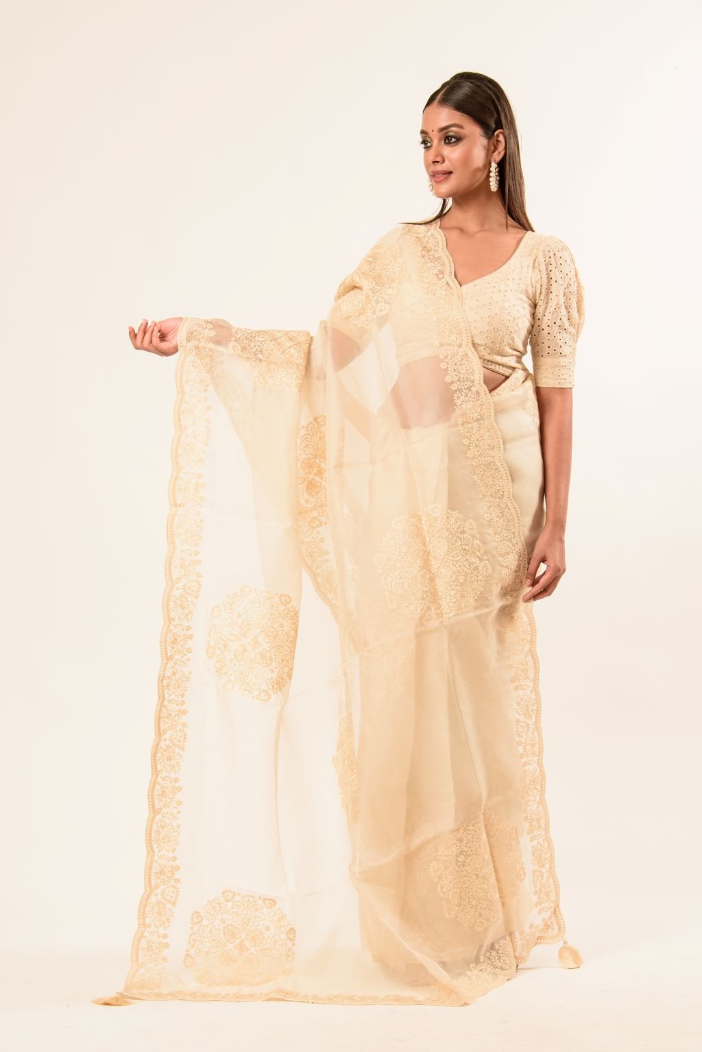 White Organza Saree with Floral Embroidered Work - Anvi Couture