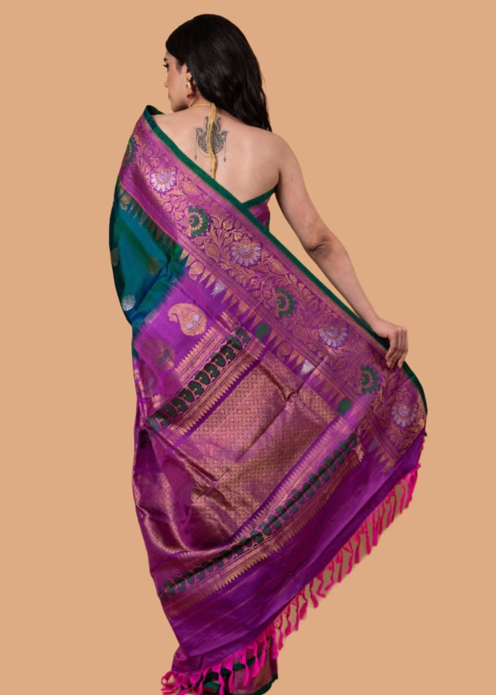 Peacock Green Handwoven Original Gadwal Silk Saree - Anvi Couture - Image 3