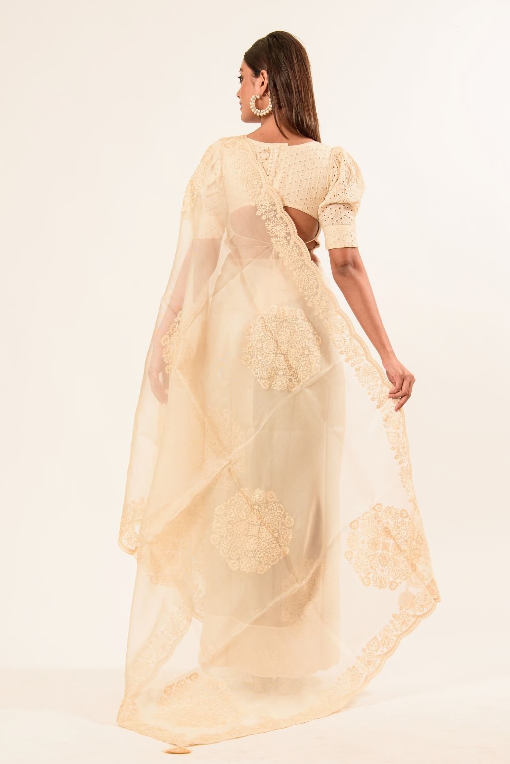 White Organza Saree with Floral Embroidered Work - Anvi Couture