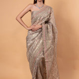 Silver Tissue Silk Saree with All - Over Zari Embellished Floral Work - Anvi Couture