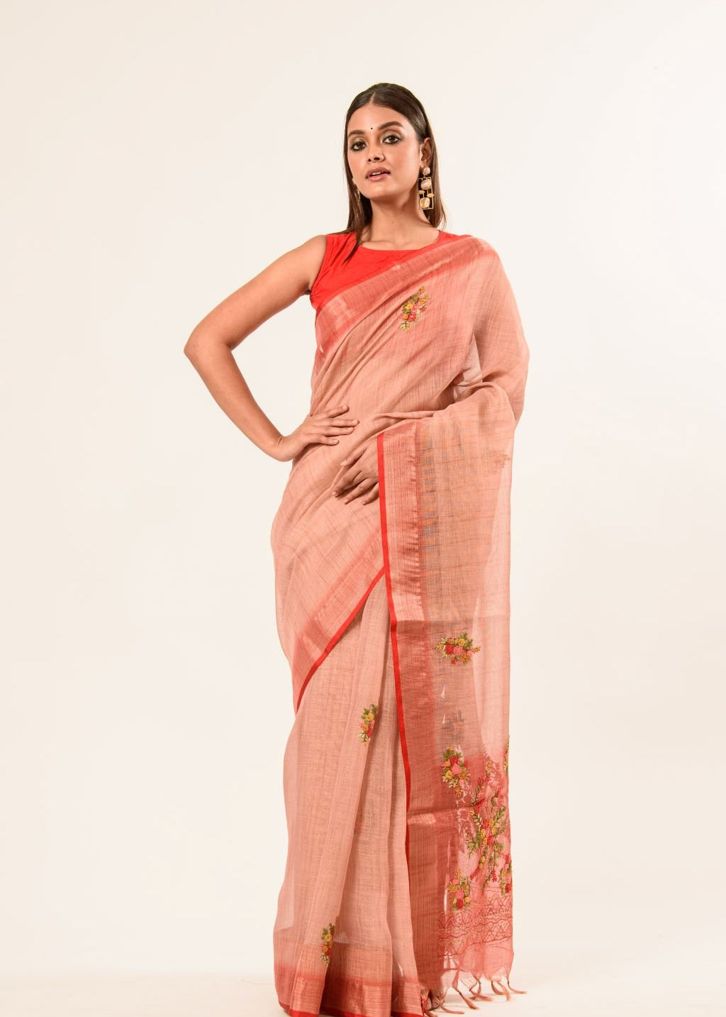 Handloom Cotton Linen Saree with Hand Embroidered Work - Anvi Couture