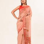 Handloom Cotton Linen Saree with Hand Embroidered Work - Image 1