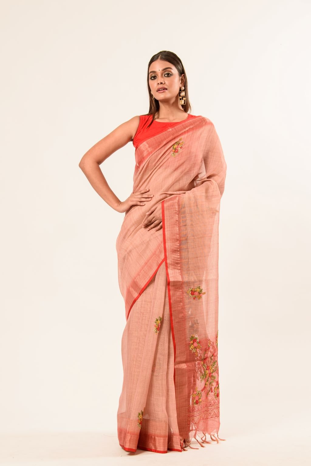 Handloom Cotton Linen Saree with Hand Embroidered Work - Anvi Couture