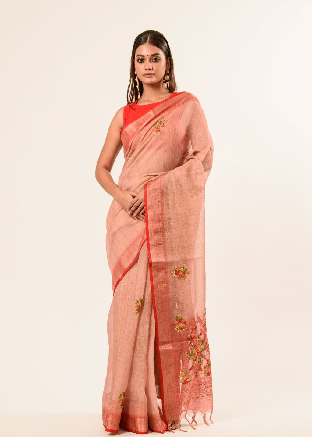 Handloom Cotton Linen Saree with Hand Embroidered Work - Anvi Couture