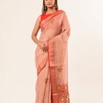 Handloom Cotton Linen Saree with Hand Embroidered Work - Anvi Couture