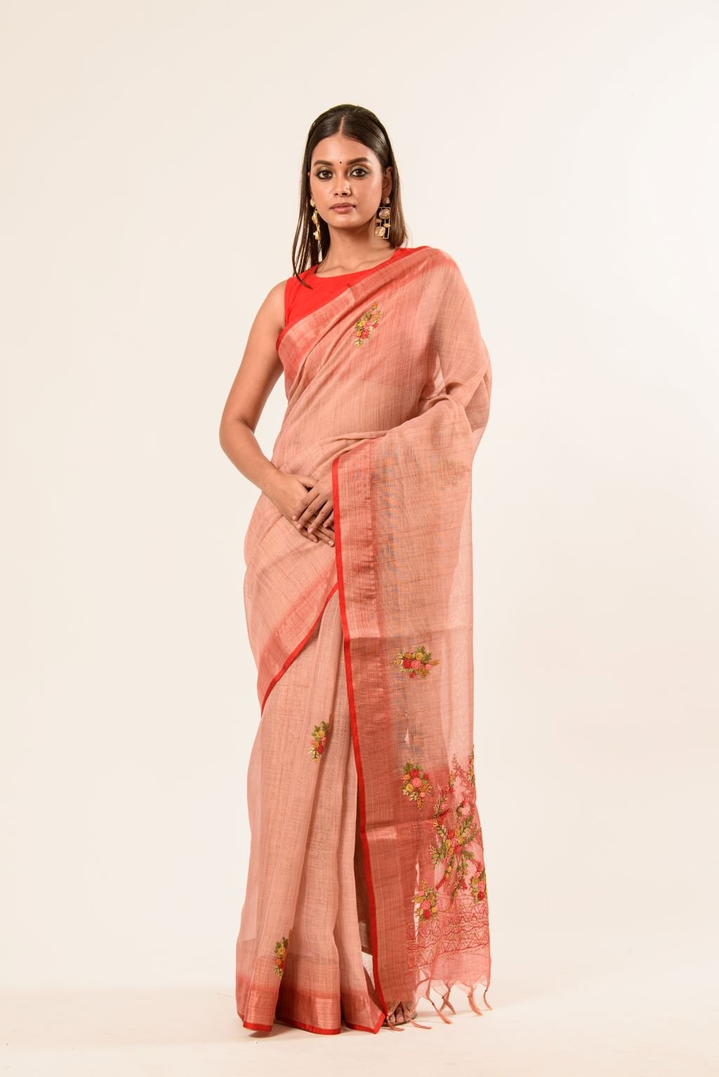 Handloom Cotton Linen Saree with Hand Embroidered Work - Image 2