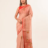 Handloom Cotton Linen Saree with Hand Embroidered Work - Anvi Couture