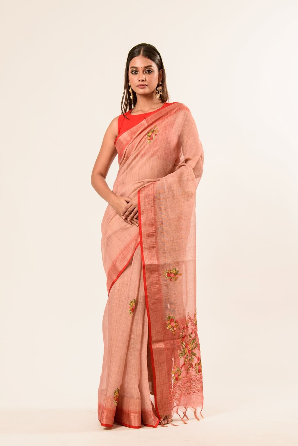 Handloom Cotton Linen Saree with Hand Embroidered Work - Anvi Couture