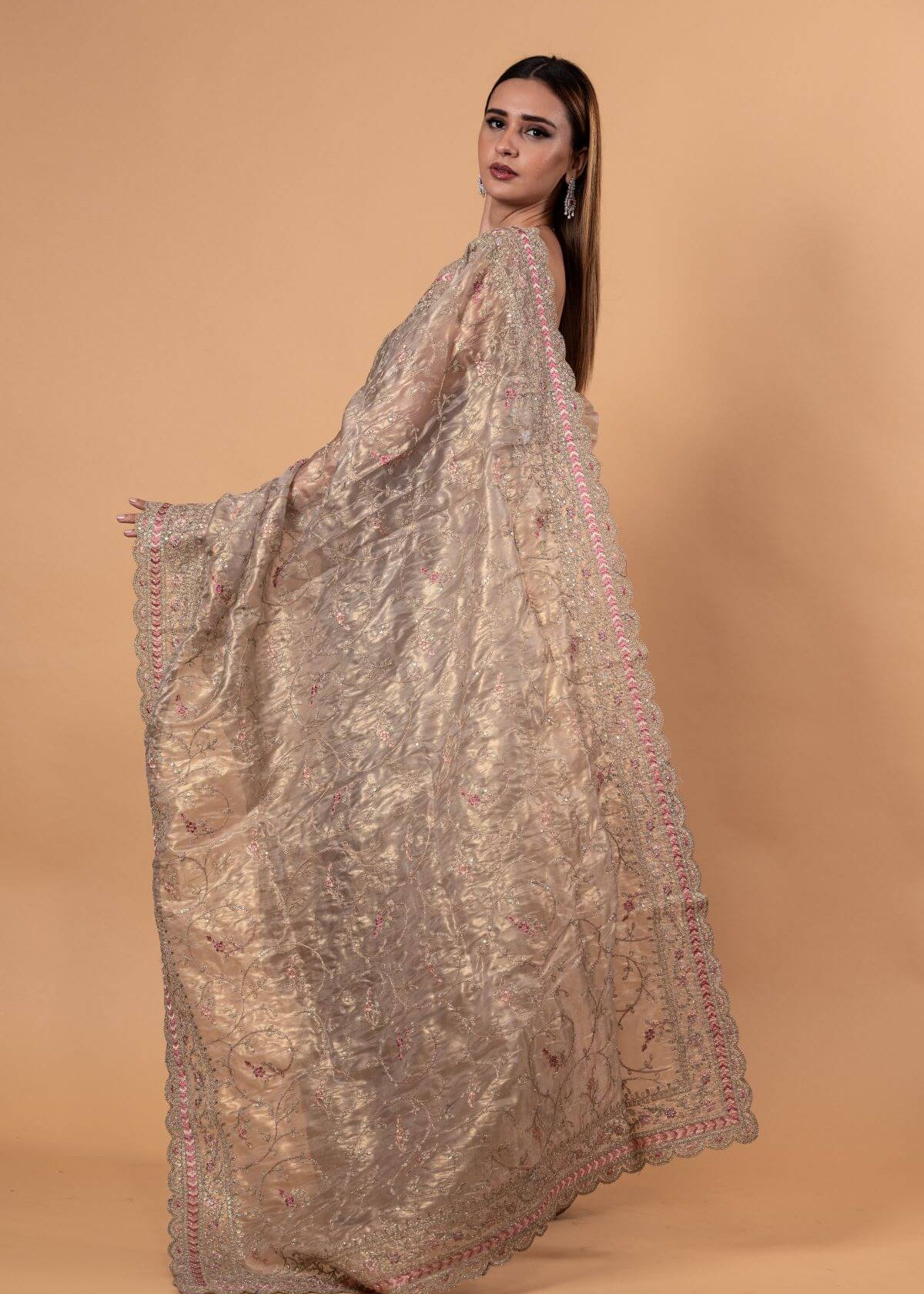 Silver Tissue Silk Saree with All - Over Zari Embellished Floral Work - Anvi Couture