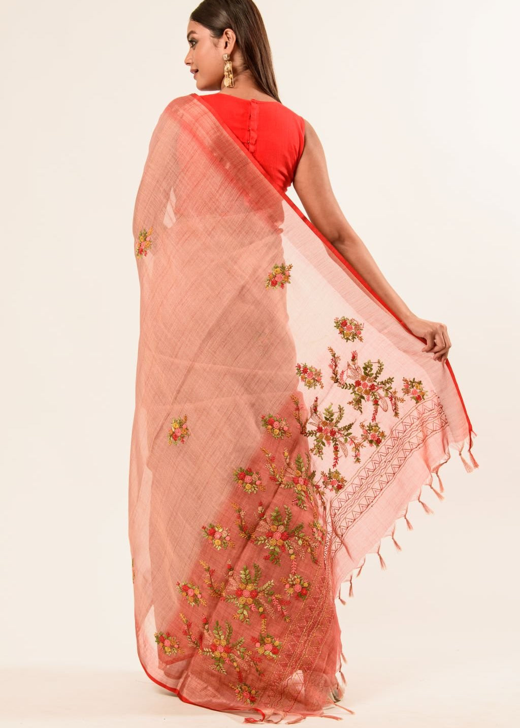 Handloom Cotton Linen Saree with Hand Embroidered Work - Image 3