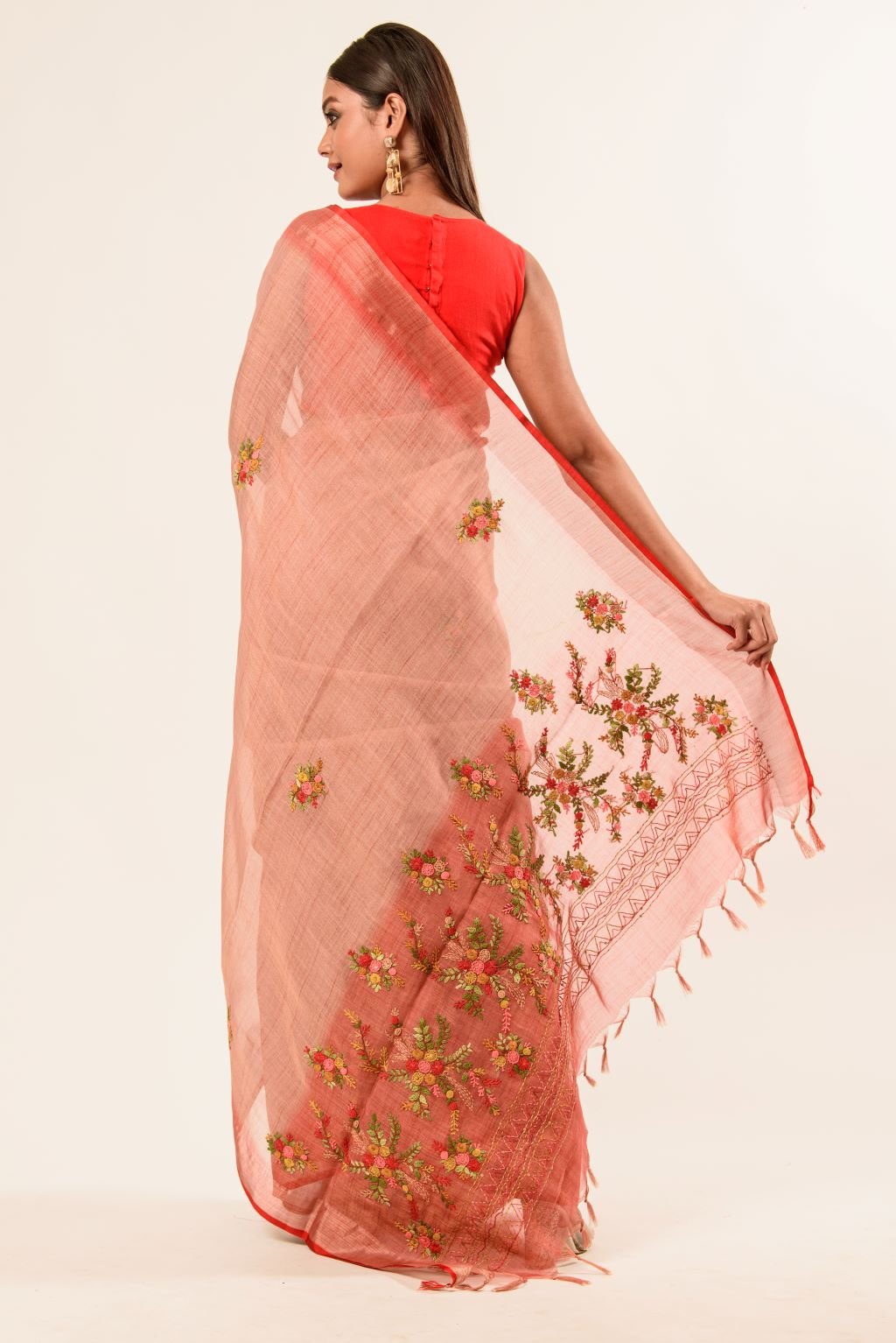 Handloom Cotton Linen Saree with Hand Embroidered Work - Anvi Couture