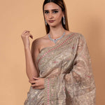 Silver Tissue Silk Saree with All - Over Zari Embellished Floral Work - Anvi Couture