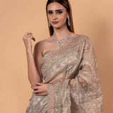 Silver Tissue Silk Saree with All - Over Zari Embellished Floral Work - Anvi Couture