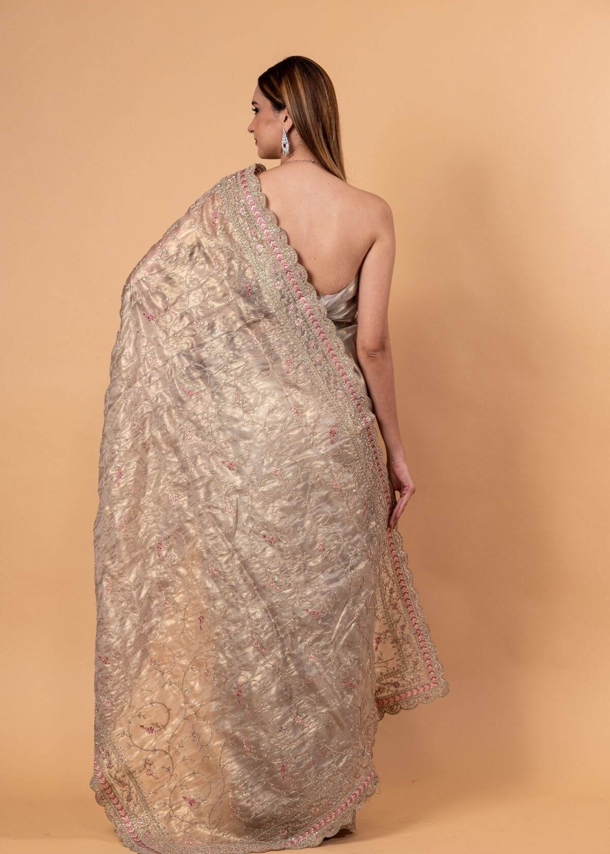 Silver Tissue Silk Saree with All - Over Zari Embellished Floral Work - Anvi Couture