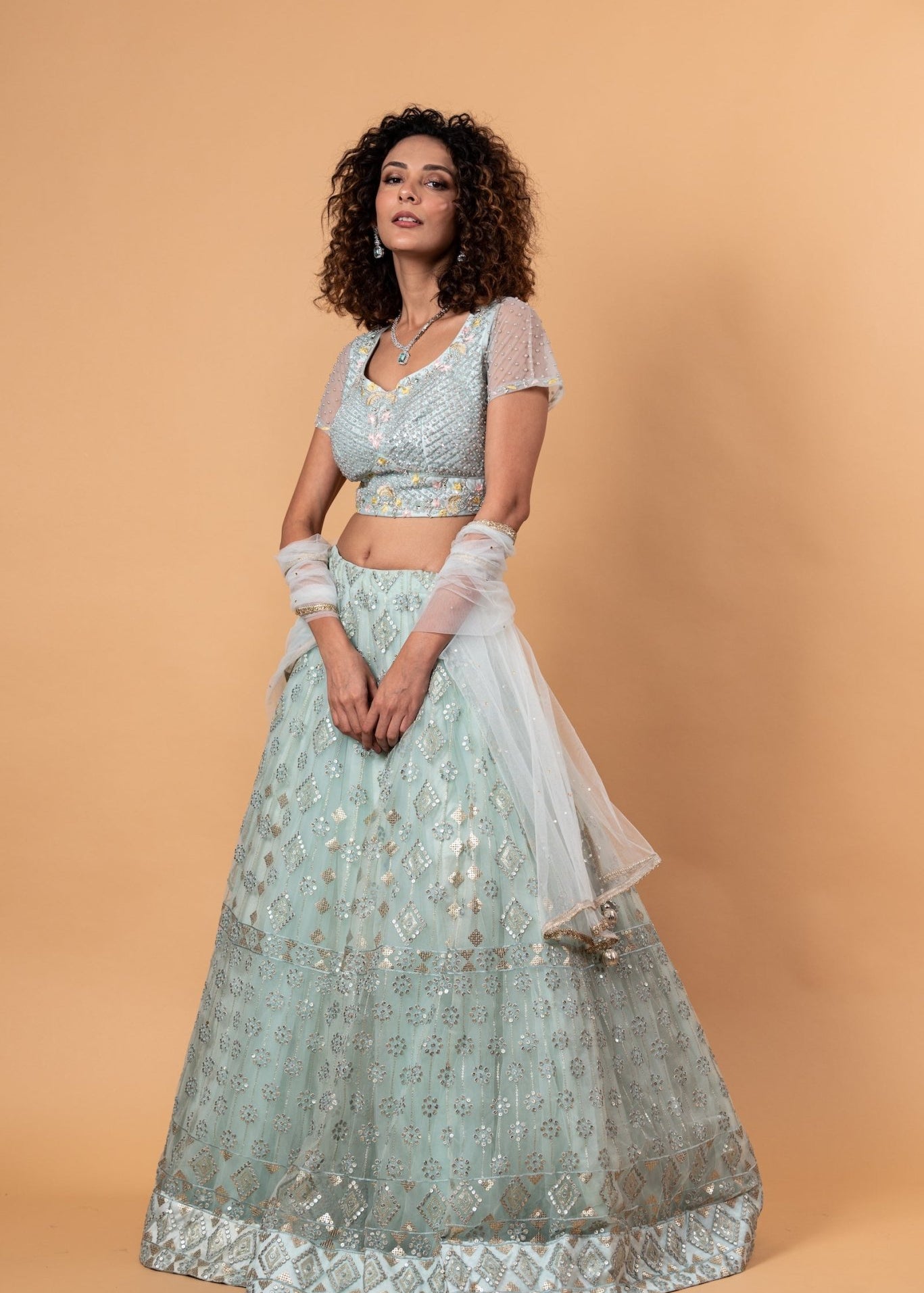 Light Blue Net Lehenga with Embroidery Work - Anvi Couture