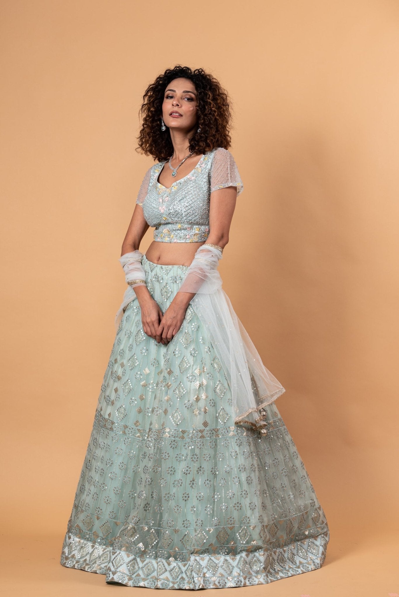 Light Blue Net Lehenga with Embroidery Work - Anvi Couture