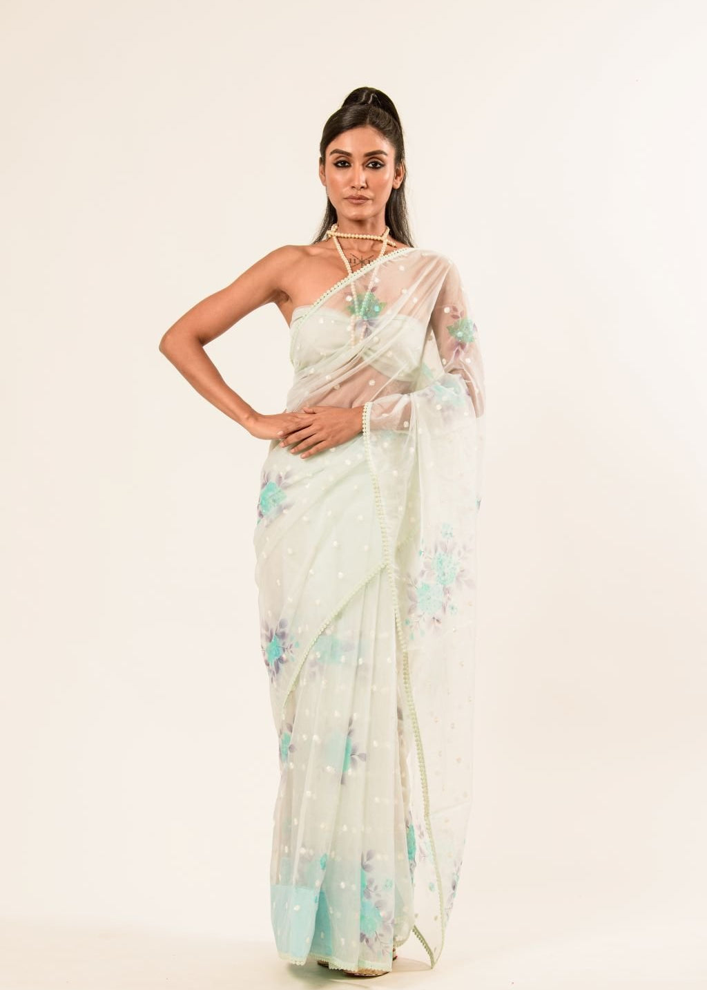 White Organza Saree with Floral Embroidered Work - Anvi Couture