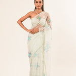 White Organza Saree with Floral Embroidered Work - Anvi Couture