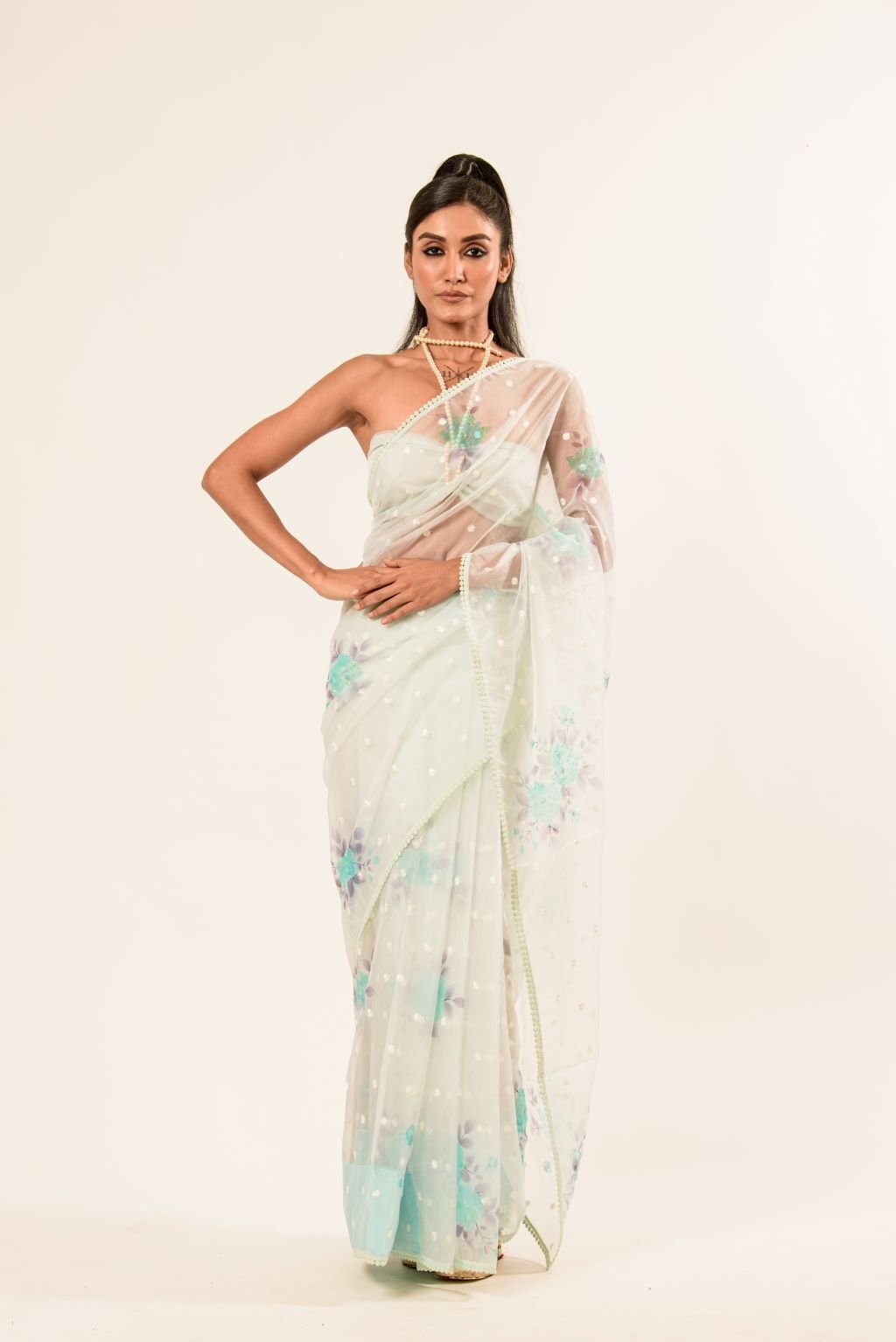 White Organza Saree with Floral Embroidered Work - Anvi Couture