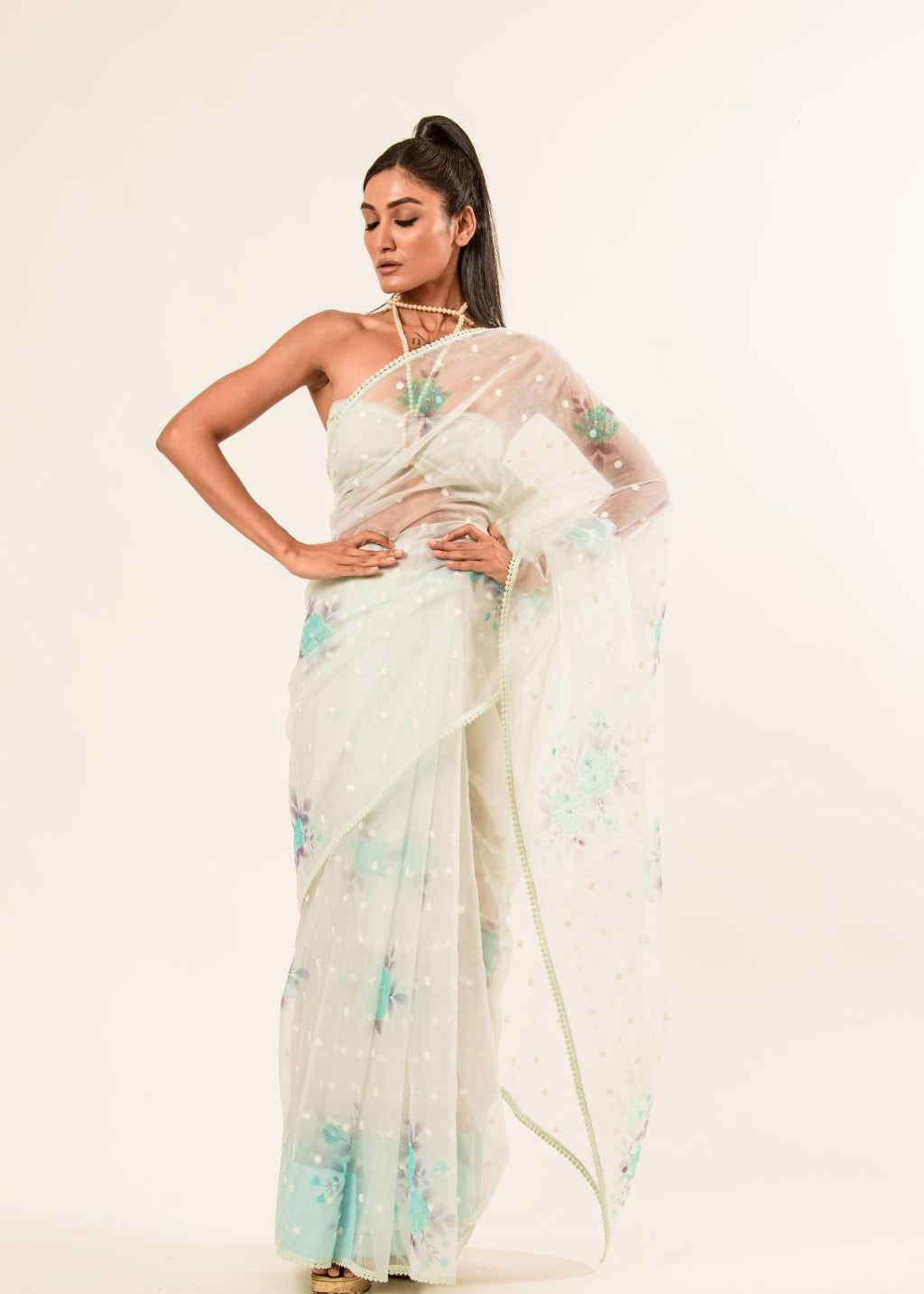 White Organza Saree with Floral Embroidered Work - Anvi Couture