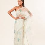 White Organza Saree with Floral Embroidered Work - Anvi Couture