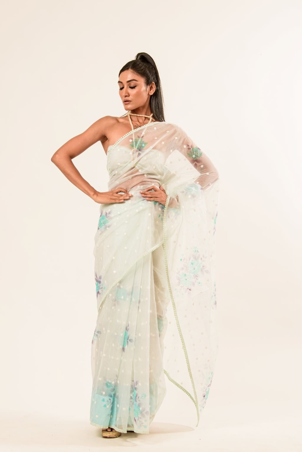 White Organza Saree with Floral Embroidered Work - Anvi Couture